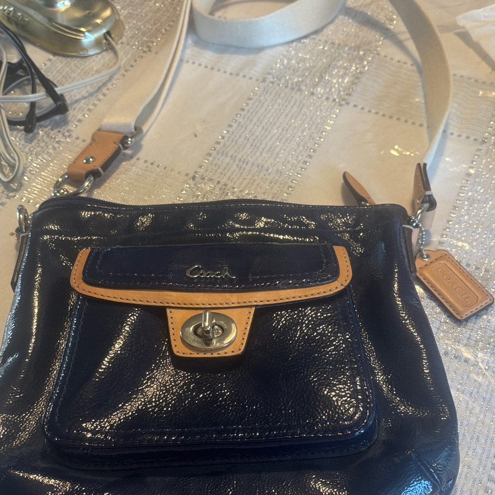 Coach Dark Blue Patent Leather Crossbody Bag White Canvas strap
